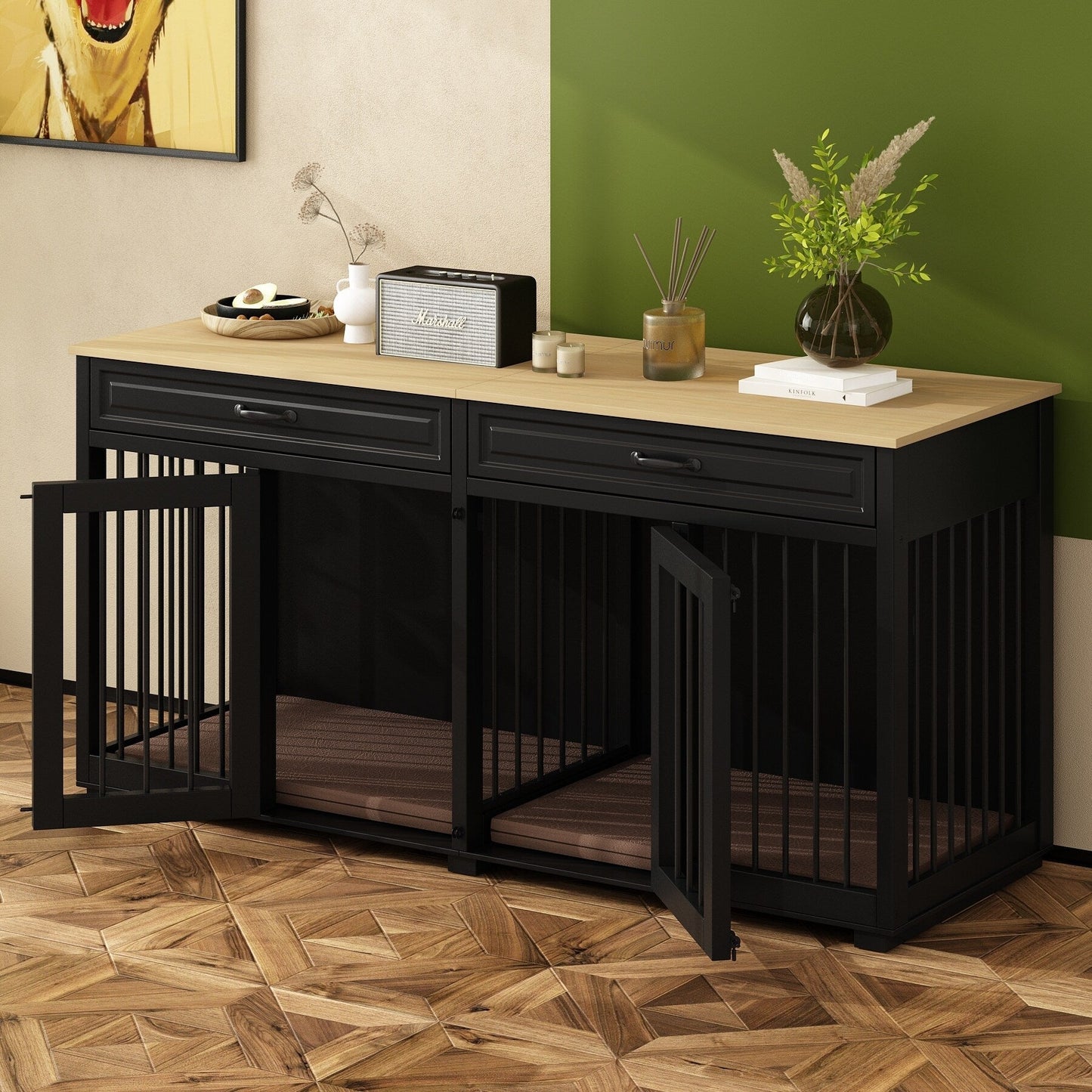 Meuble en bois pour chenil double pour chien avec 2 tiroirs et séparateur