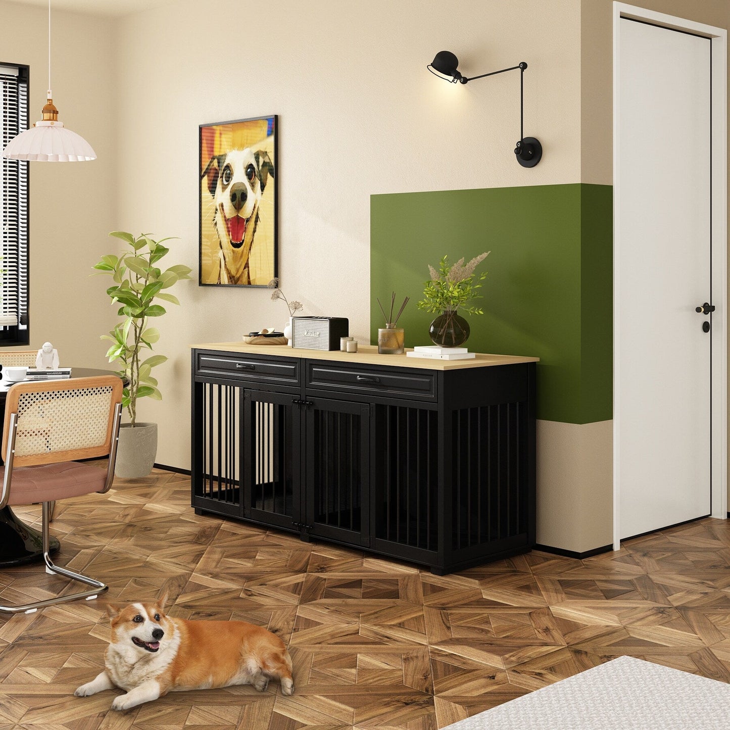 Meuble en bois pour chenil double pour chien avec 2 tiroirs et séparateur