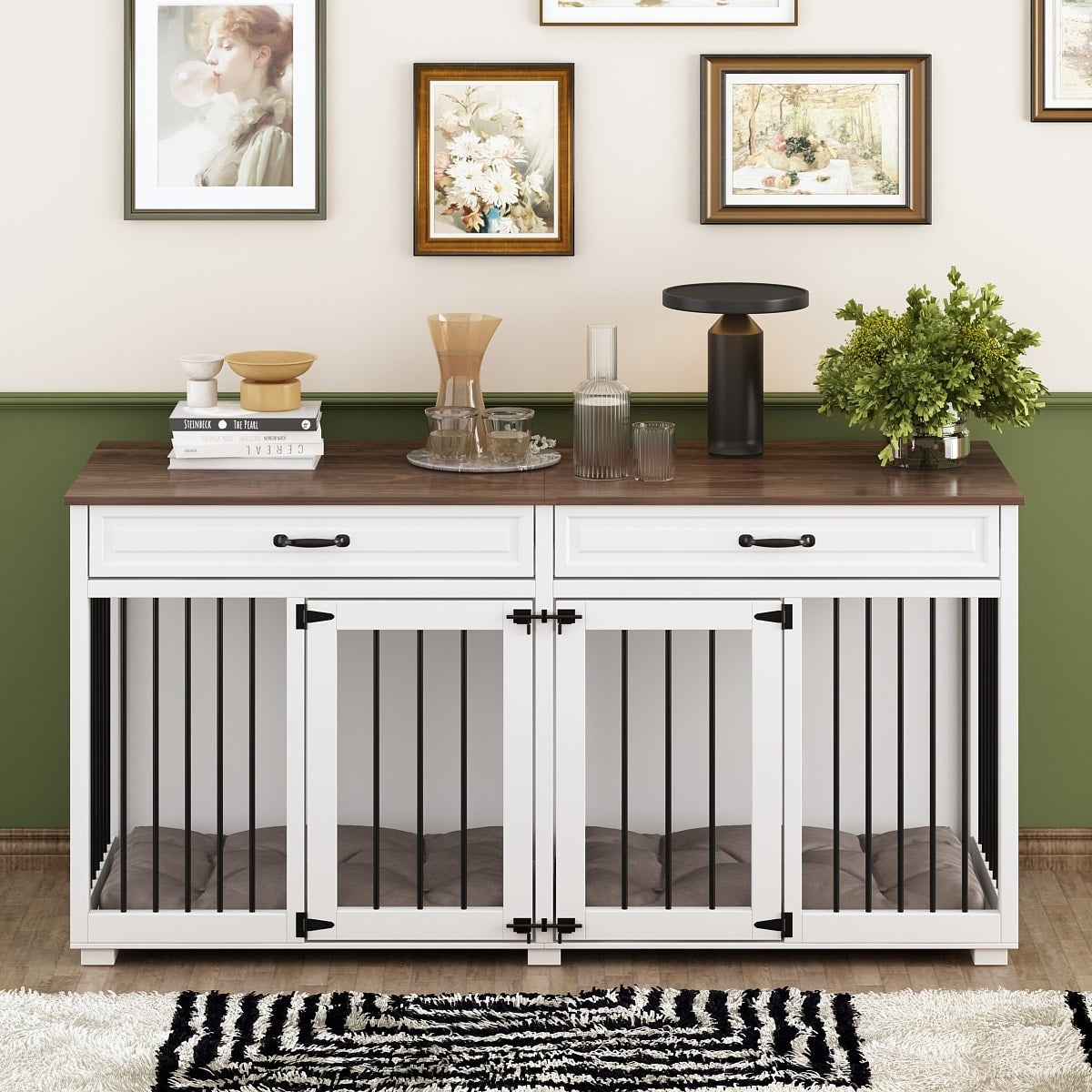 Meuble en bois pour chenil double pour chien avec 2 tiroirs et séparateur