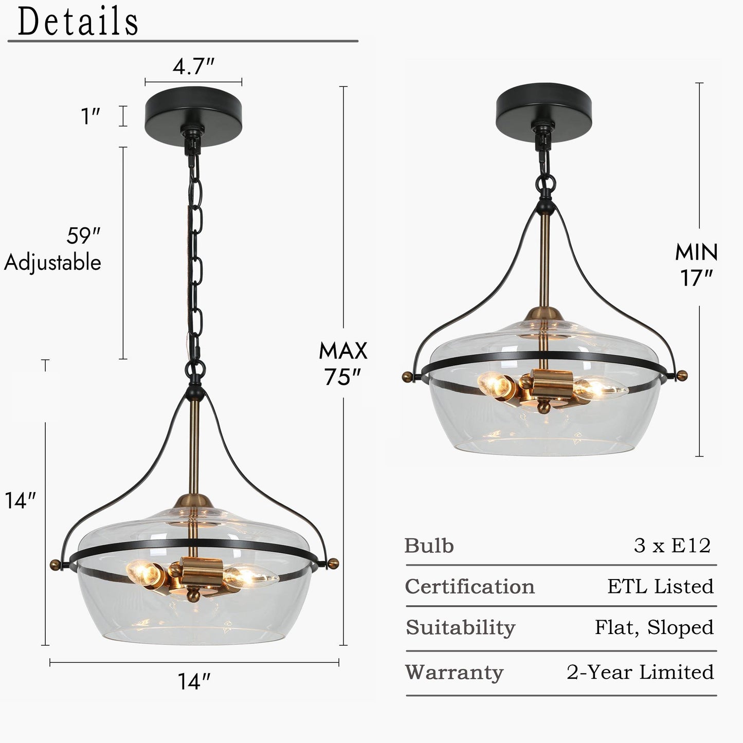 Luminaire suspendu Zelena, style ferme moderne, noir et or, à 3 lumières, pour îlot de cuisine et salle à manger.