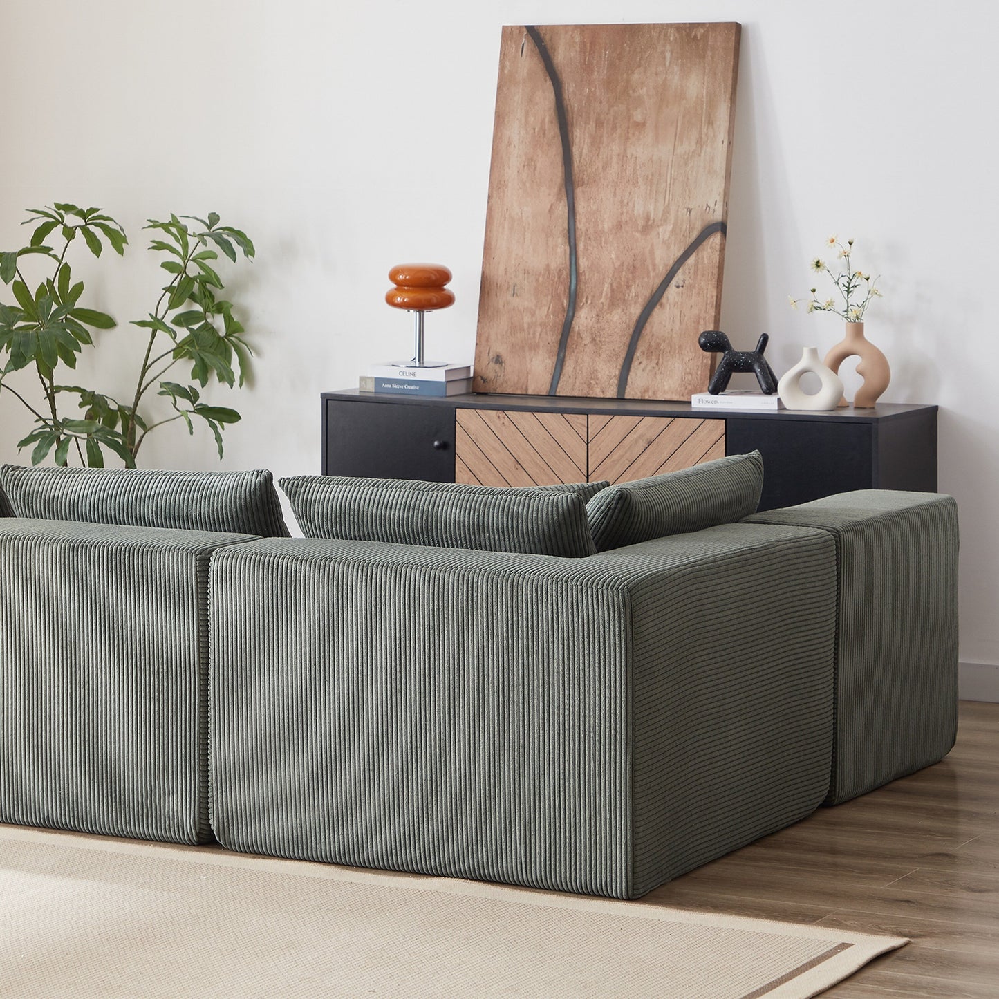 Canapé d'angle modulaire en cordouroy de 264 cm, ensemble de canapé de sol, canapé compressé rempli de mousse, combinaison libre de 4 pièces.