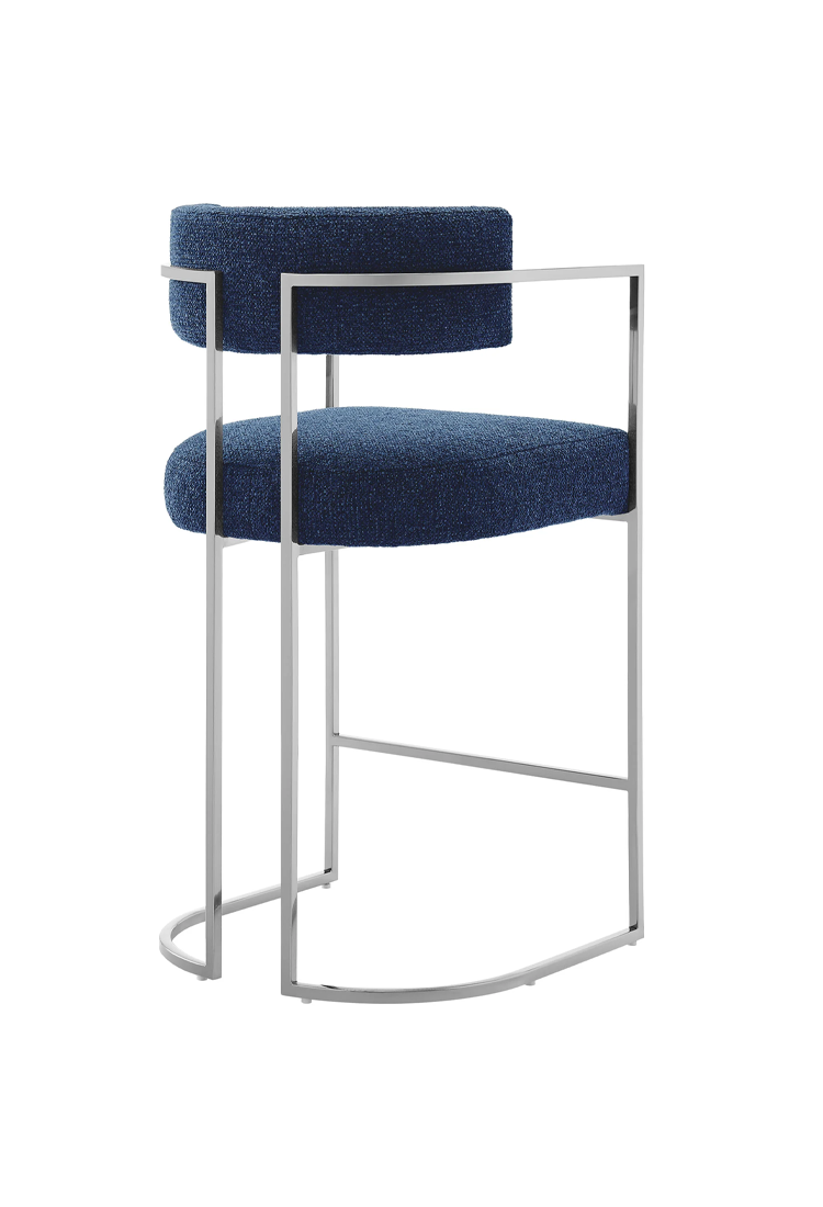 Tabouret de bar Ardenza à dossier incurvé en tissu et métal, bleu marine argenté