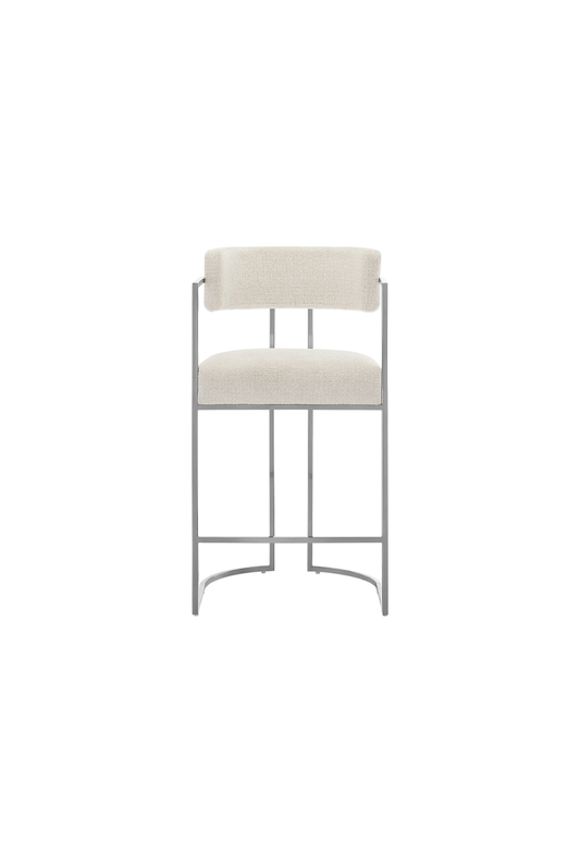 Tabouret de bar Ardenza en tissu et métal à dossier incurvé, couleur crème argentée