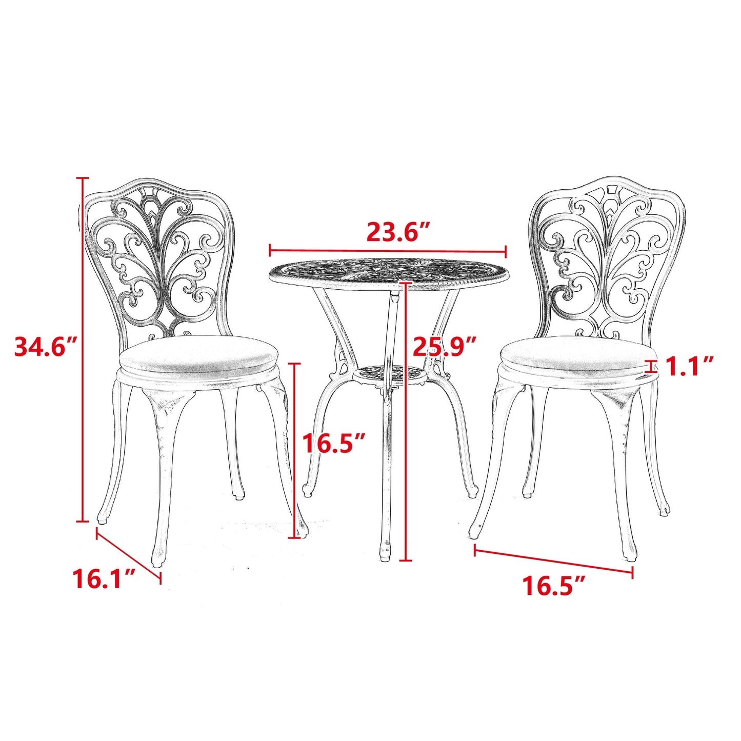 Table et chaises de jardin en aluminium pour extérieur, style papillon, 3 pièces, avec trou pour parasol