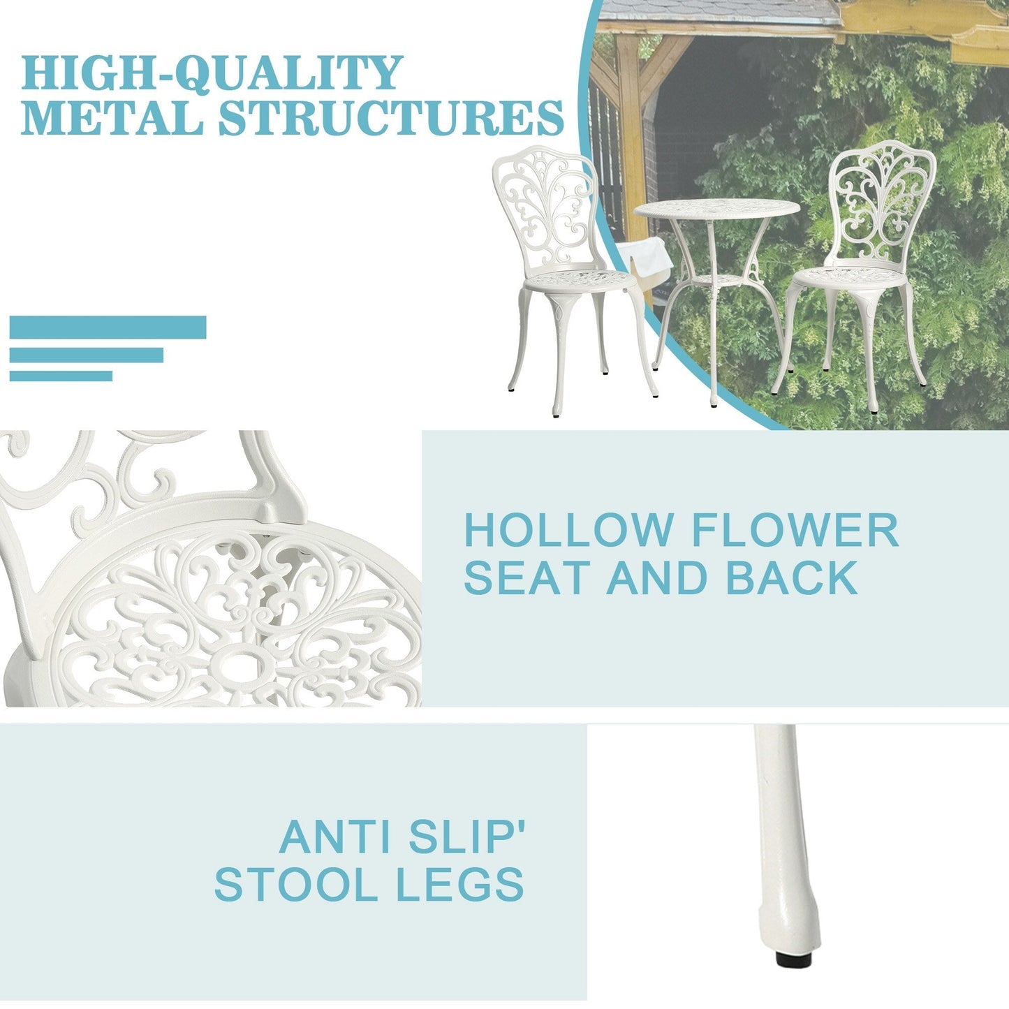 Table et chaises de jardin en aluminium pour extérieur, style papillon, 3 pièces, avec trou pour parasol