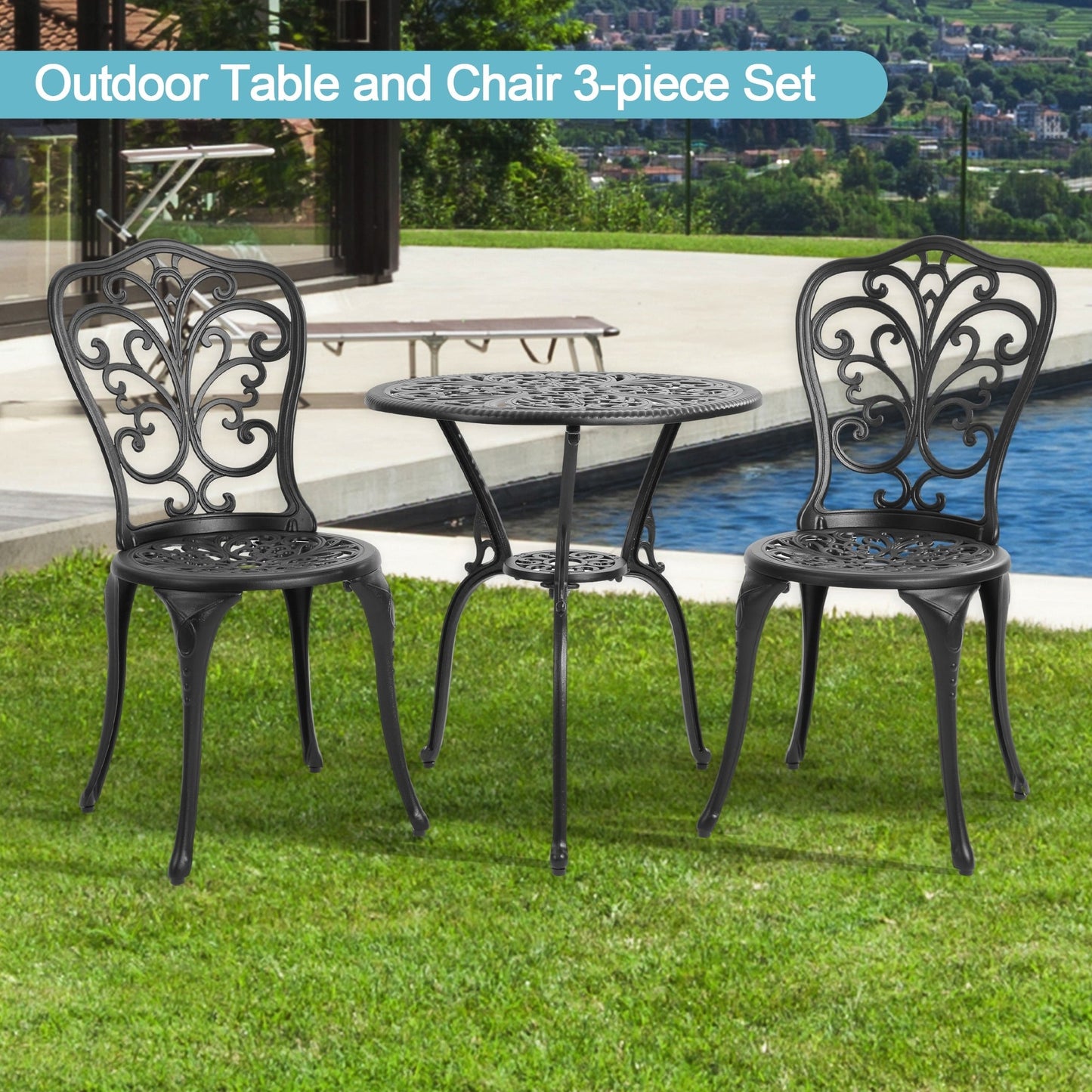 Table et chaises de jardin en aluminium pour extérieur, style papillon, 3 pièces, avec trou pour parasol