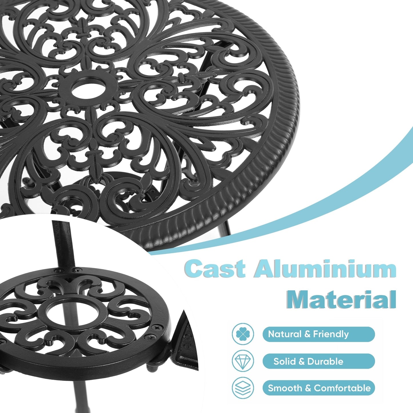Table et chaises de jardin en aluminium pour extérieur, style papillon, 3 pièces, avec trou pour parasol