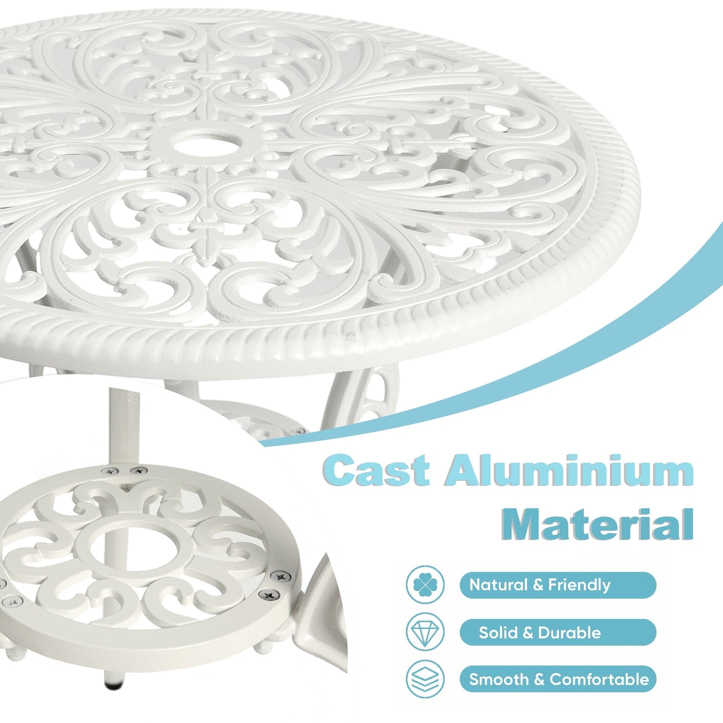 Table et chaises de jardin en aluminium pour extérieur, style papillon, 3 pièces, avec trou pour parasol