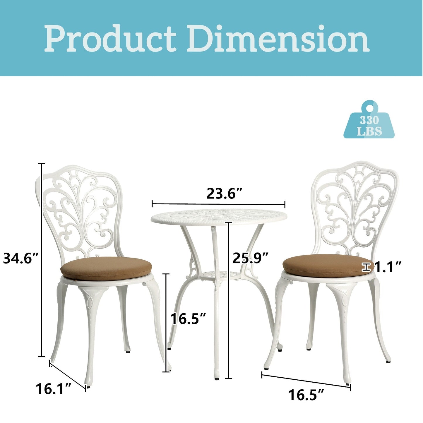 Table et chaises de jardin en aluminium pour extérieur, style papillon, 3 pièces, avec trou pour parasol