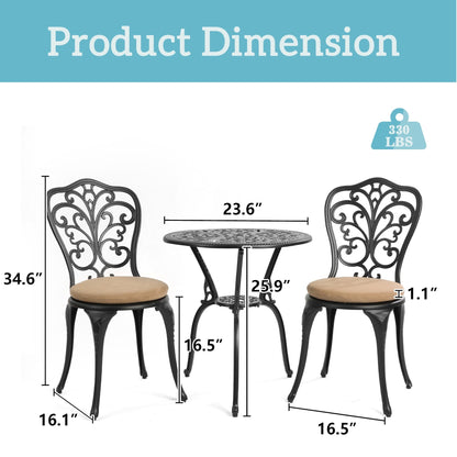 Table et chaises de jardin en aluminium pour extérieur, style papillon, 3 pièces, avec trou pour parasol