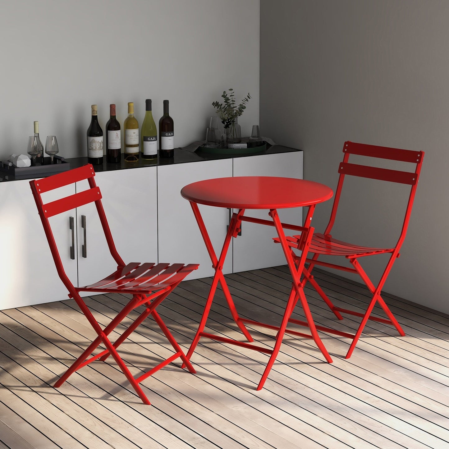 Ensemble de bistro de terrasse minimaliste 3 pièces, composé d'une table ronde et de chaises pliantes - Ensemble-de-bistro-de-terrasse-3-pieces