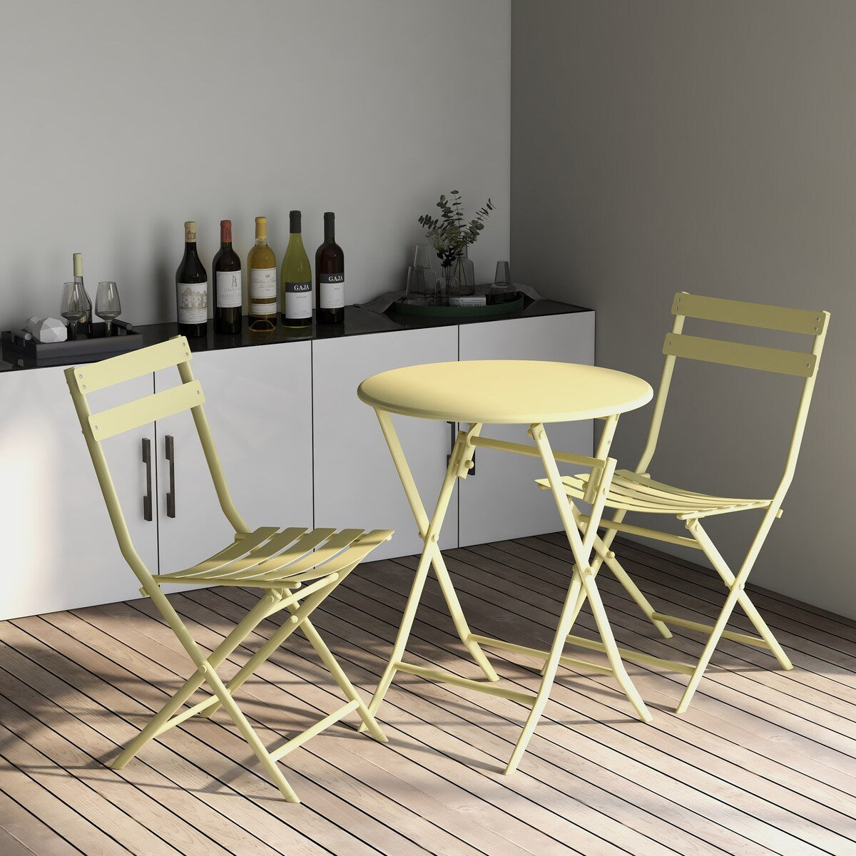 Ensemble de bistro de terrasse minimaliste 3 pièces, composé d'une table ronde et de chaises pliantes - Ensemble-de-bistro-de-terrasse-3-pieces