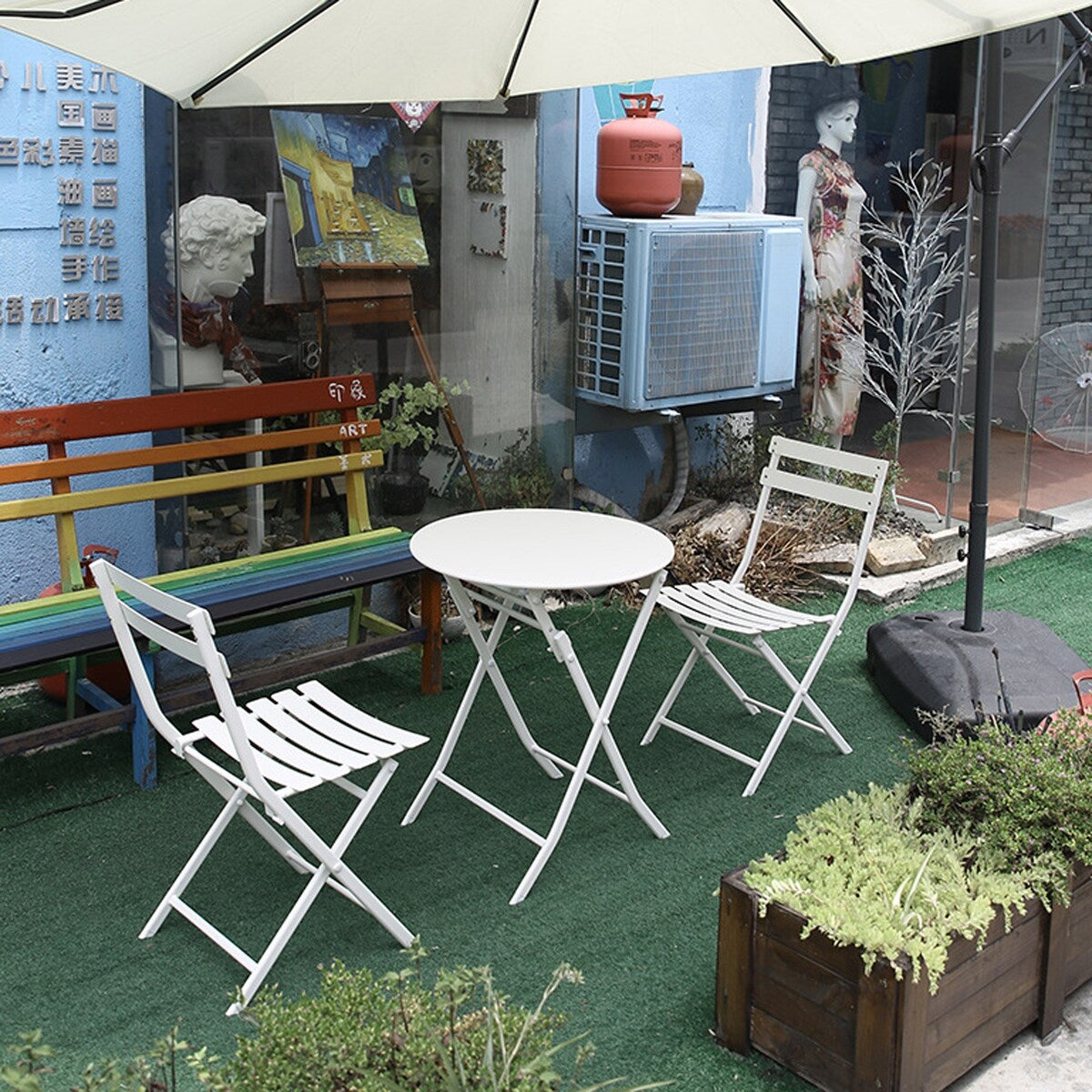 Ensemble bistrot de terrasse 3 pièces : table ronde et chaises pliantes
