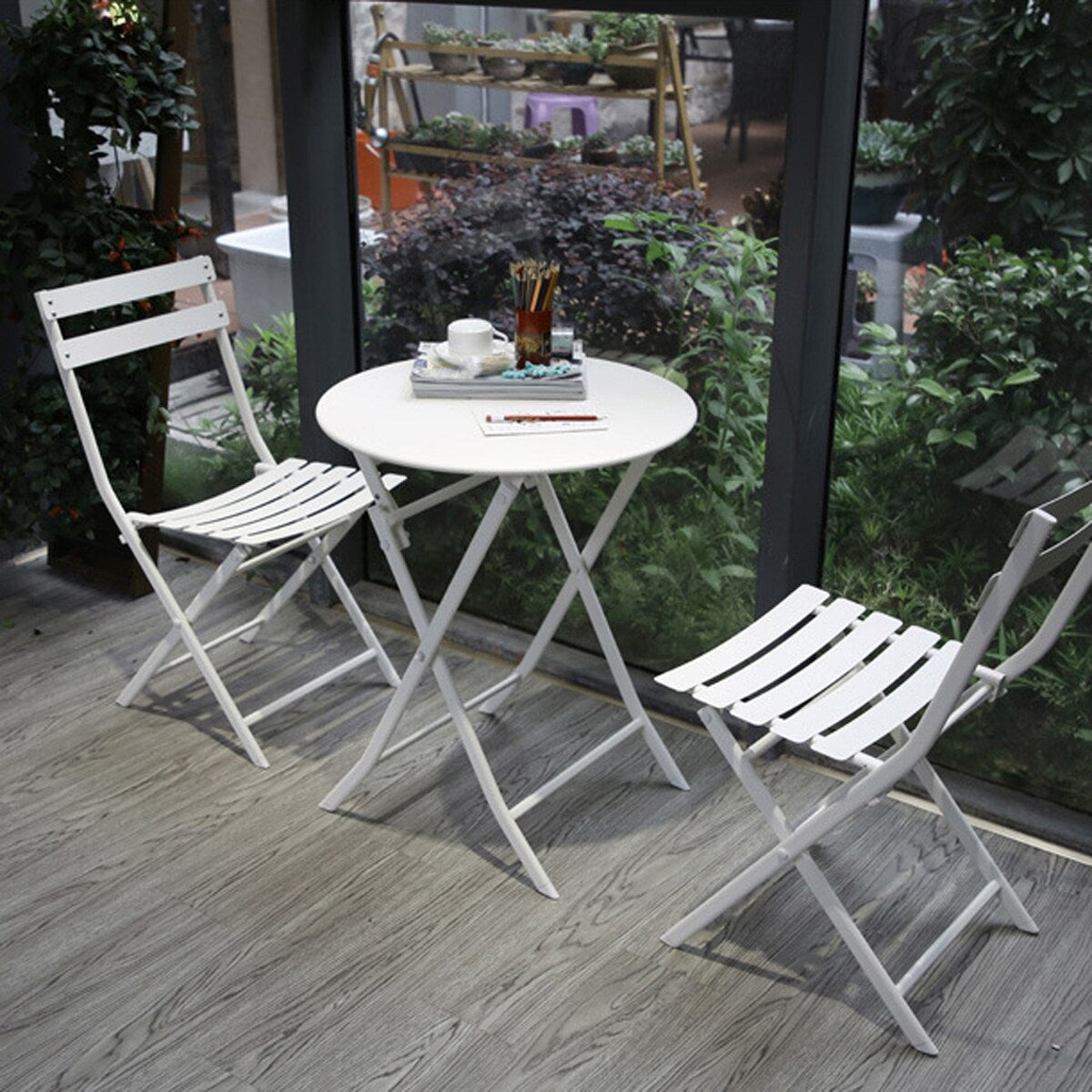 Ensemble bistrot de terrasse 3 pièces : table ronde et chaises pliantes