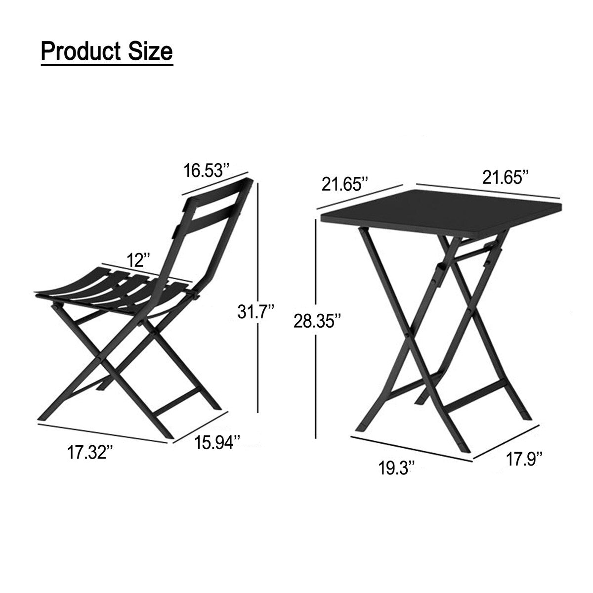 Ensemble de bistro minimaliste pour terrasse, 3 pièces, table carrée et chaises pliantes - 3 pièces