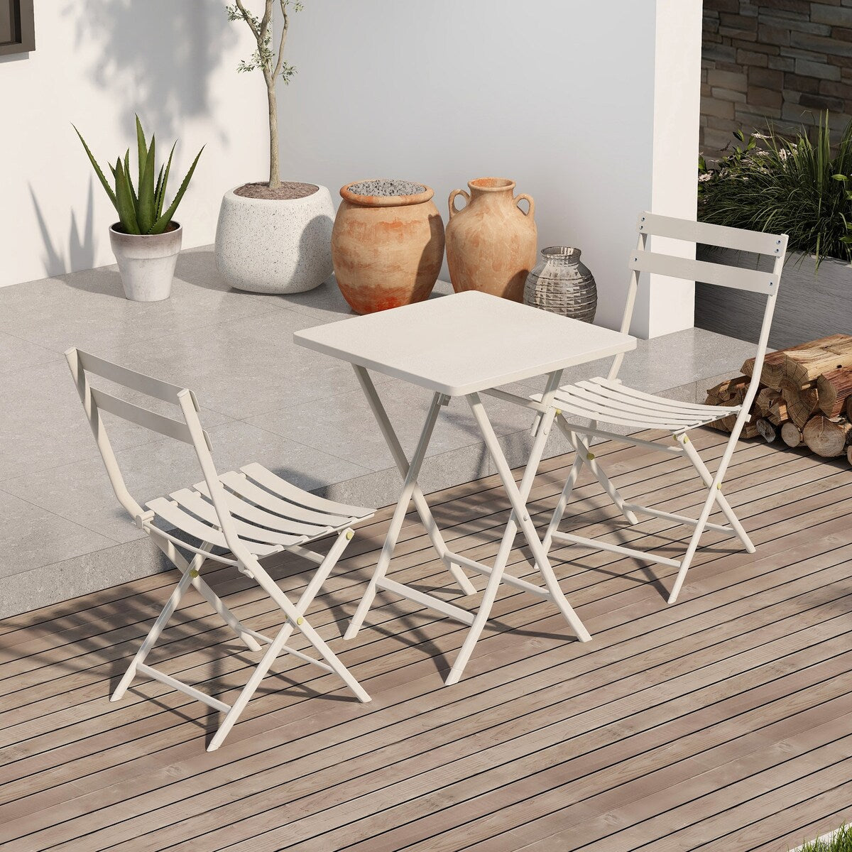 Ensemble de bistro minimaliste pour terrasse, 3 pièces, table carrée et chaises pliantes - 3 pièces