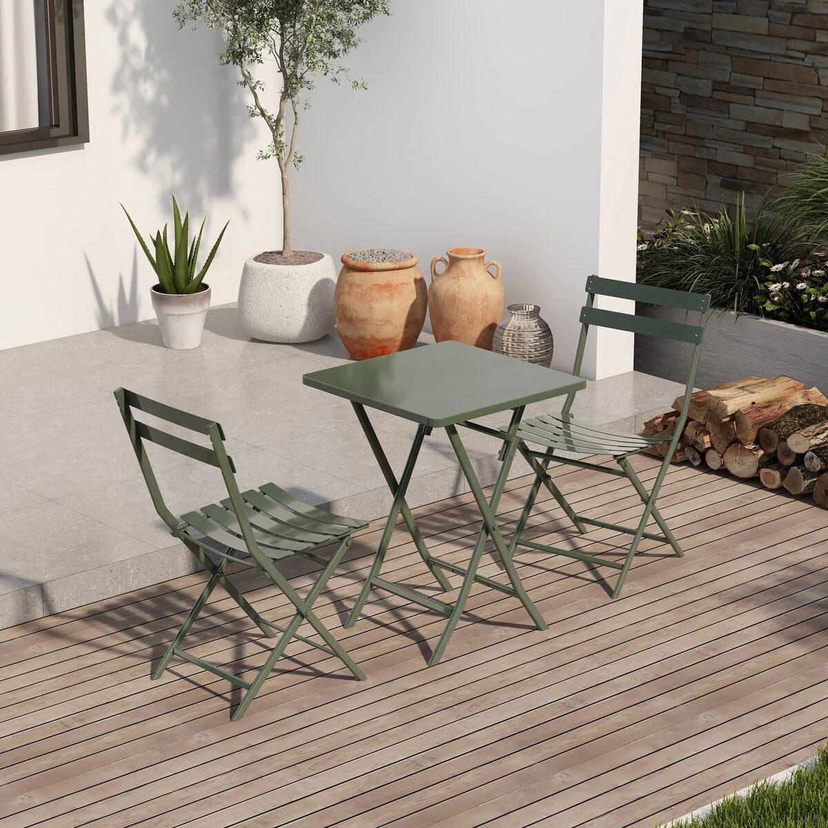 Ensemble de bistro minimaliste pour terrasse, 3 pièces, table carrée et chaises pliantes - 3 pièces