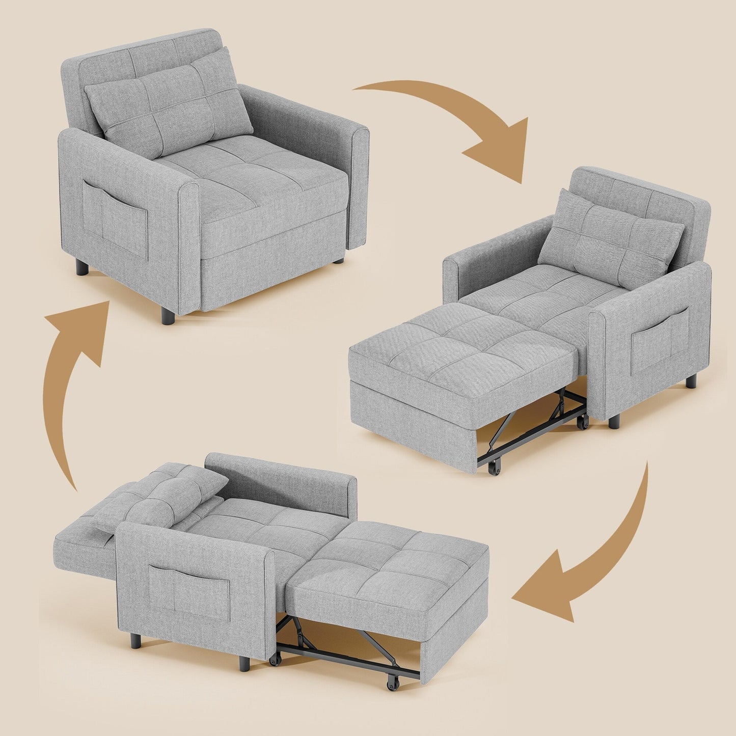 Canapé-lit escamotable 3-en-1, fauteuil convertible, inclinable, pliable et recouvert de tissu.