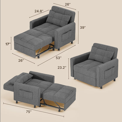 Canapé-lit escamotable 3-en-1, fauteuil convertible, inclinable, pliable et recouvert de tissu.