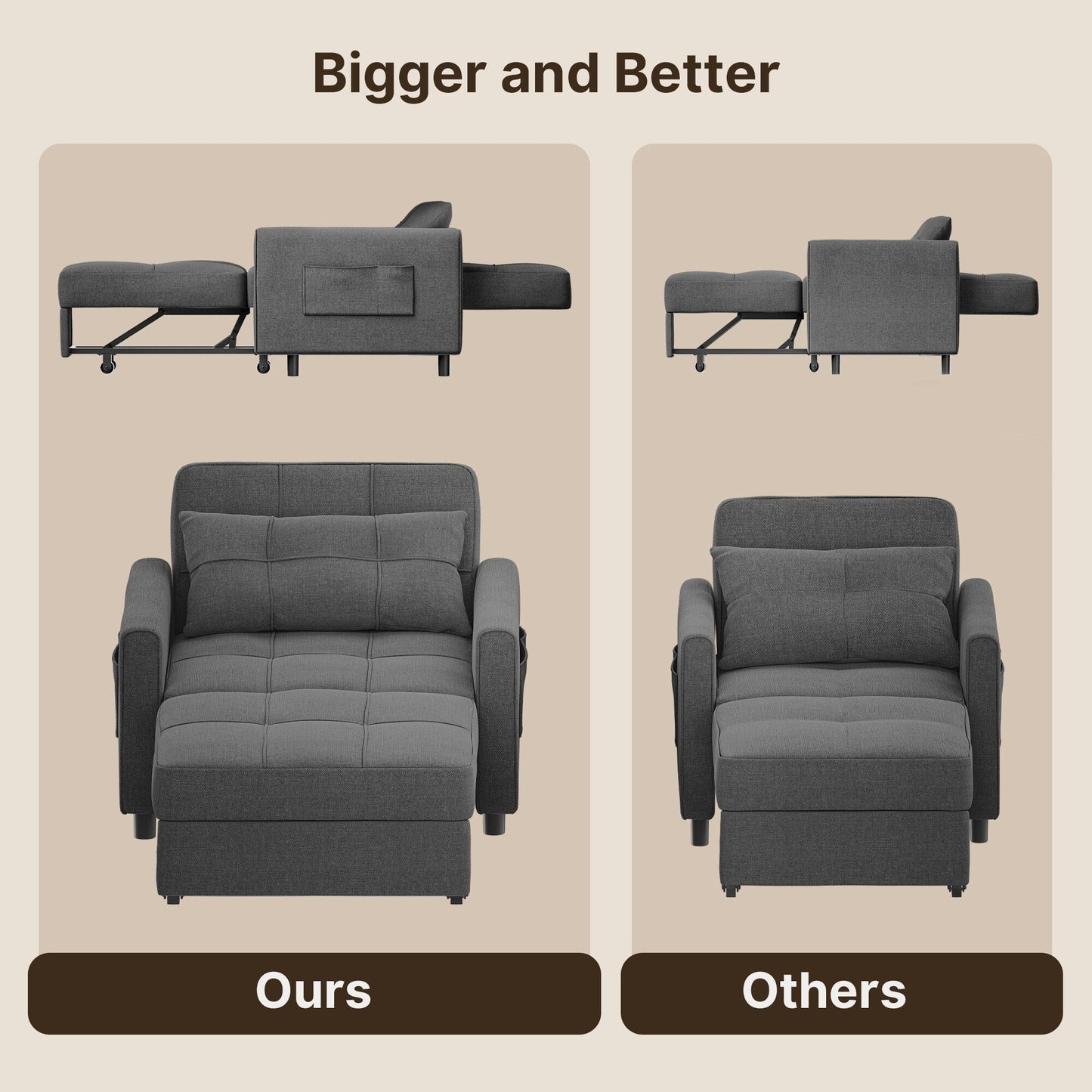 Canapé-lit escamotable 3-en-1, fauteuil convertible, inclinable, pliable et recouvert de tissu.