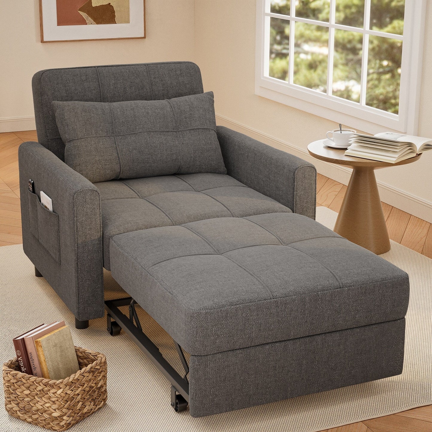 Canapé-lit escamotable 3-en-1, fauteuil convertible, inclinable, pliable et recouvert de tissu.