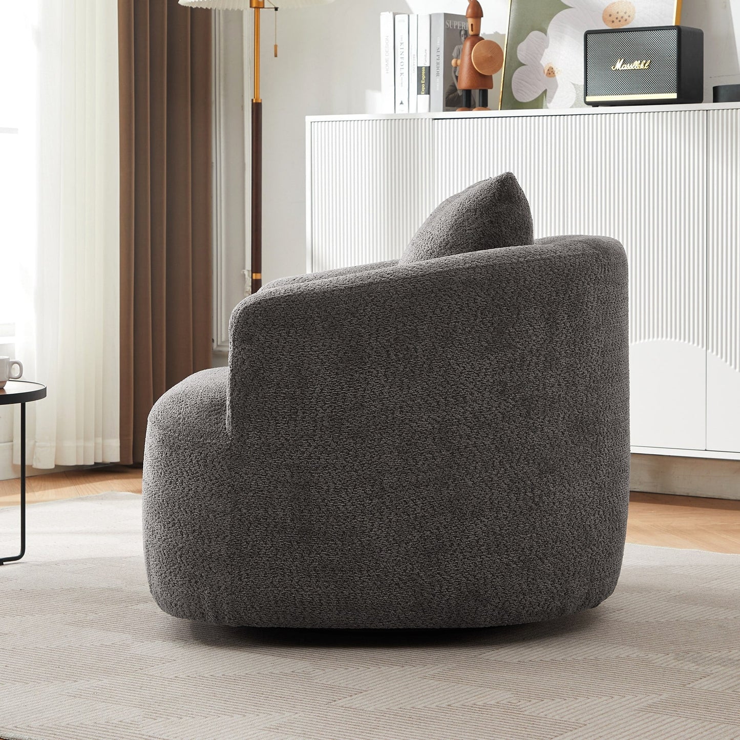 Chaise pivotante à 360°, chaise d'appoint en boucle de 38,2 pouces avec coussin décoratif, chaise de canapé en forme de tonneau avec accoudoirs incurvés.