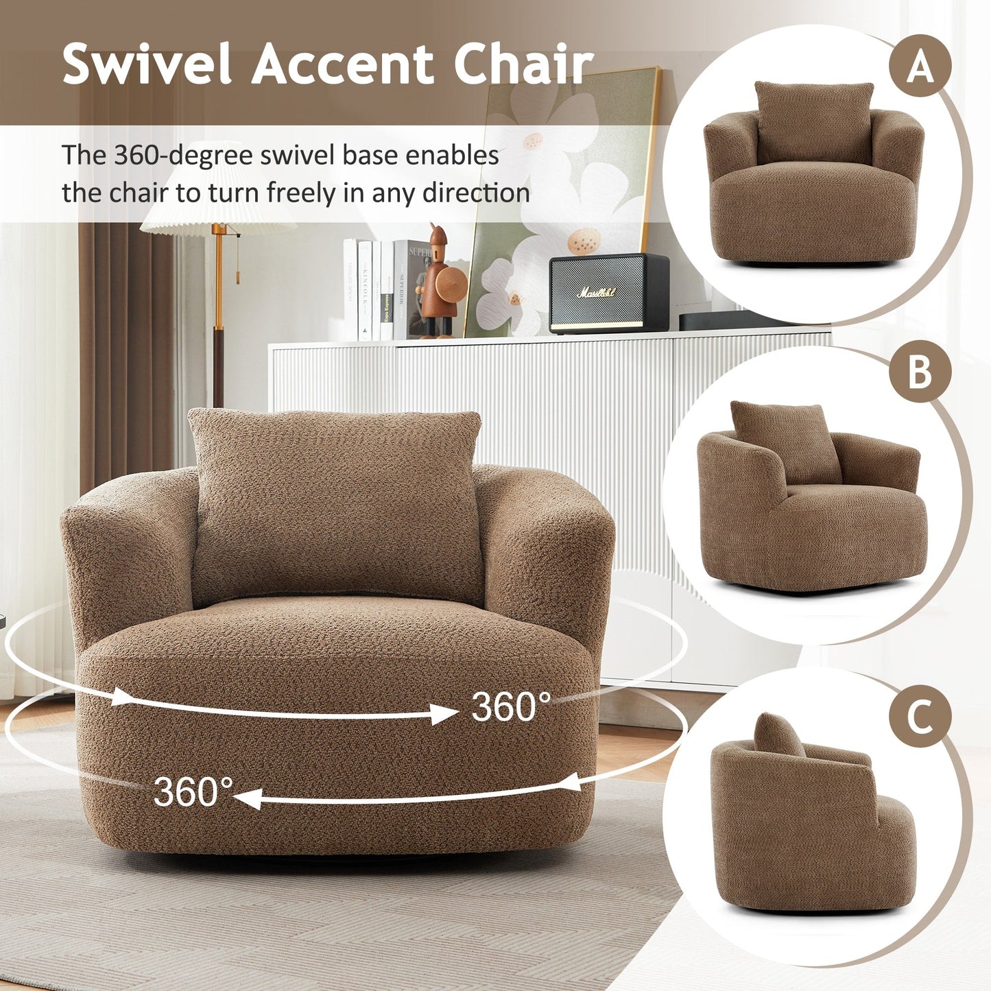 Chaise pivotante à 360°, chaise d'appoint en boucle de 38,2 pouces avec coussin décoratif, chaise de canapé en forme de tonneau avec accoudoirs incurvés.