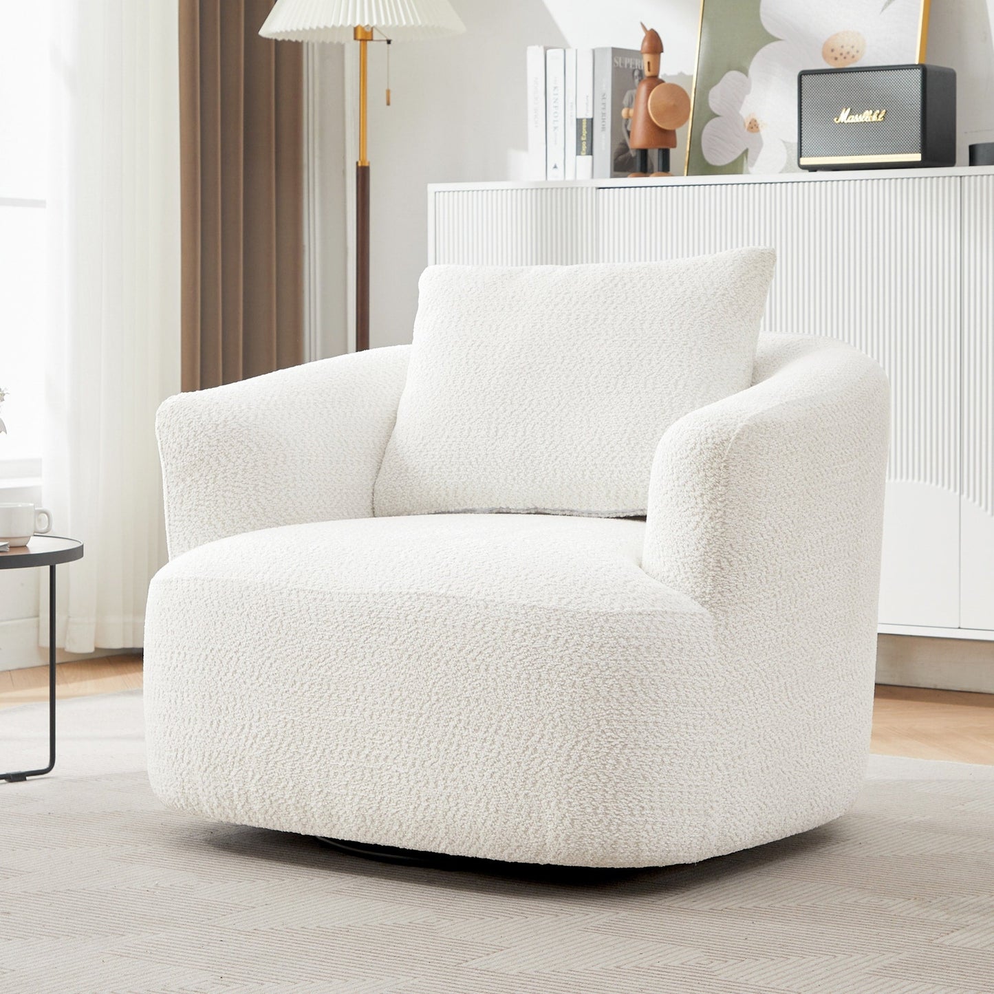 Chaise pivotante à 360°, chaise d'appoint en boucle de 38,2 pouces avec coussin décoratif, chaise de canapé en forme de tonneau avec accoudoirs incurvés.