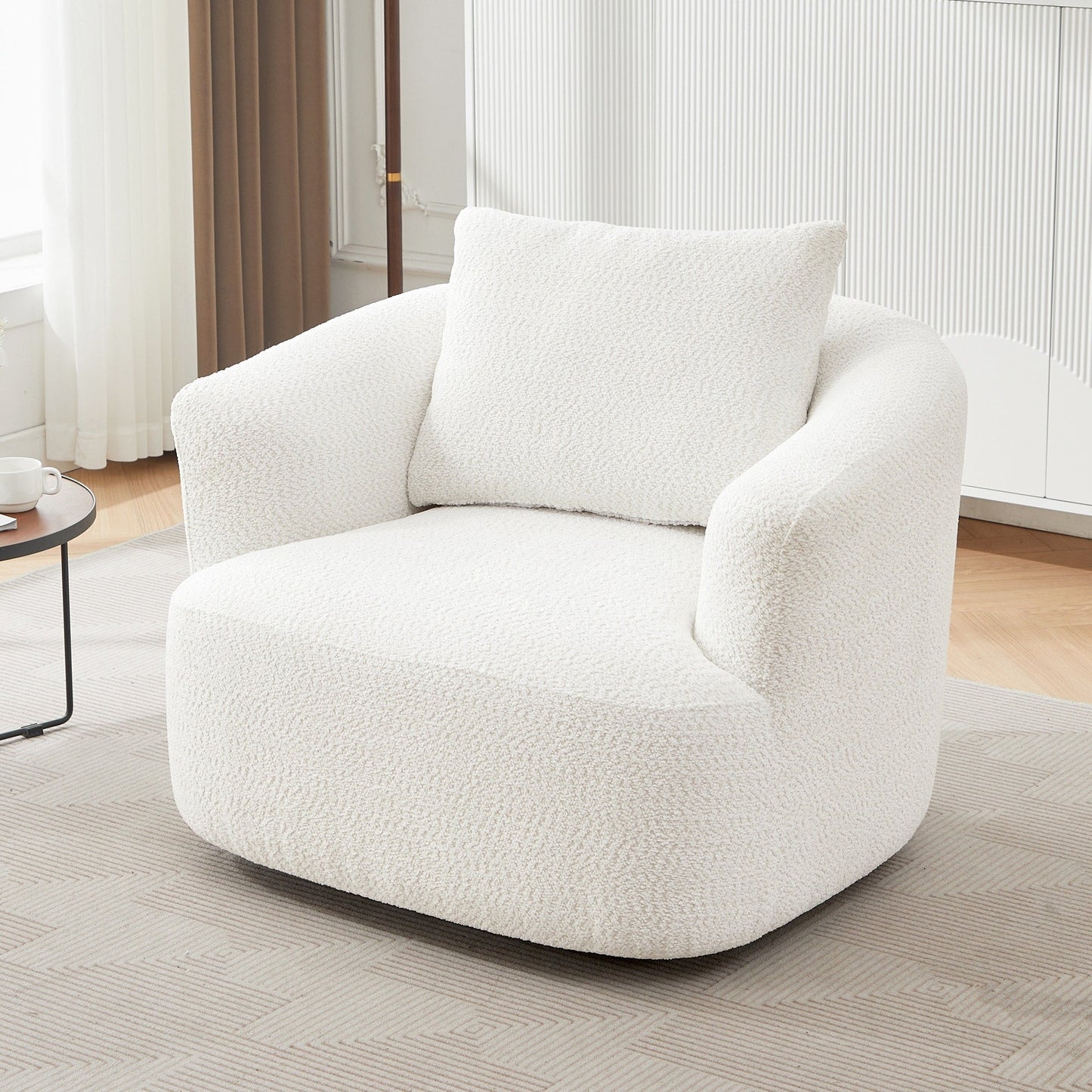 Chaise pivotante à 360°, chaise d'appoint en boucle de 38,2 pouces avec coussin décoratif, chaise de canapé en forme de tonneau avec accoudoirs incurvés.