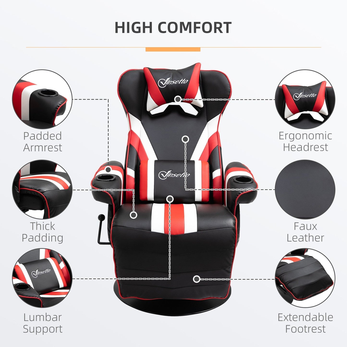 Fauteuil de jeu inclinable pivotant à 360° de style course automobile avec support lombaire, repose-pieds et double porte-gobelets pour salle de jeux.