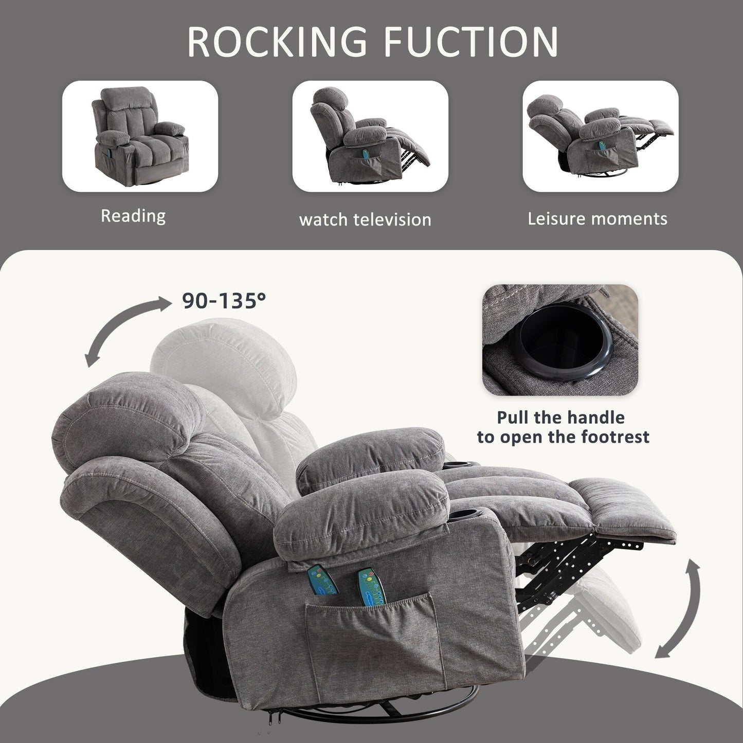 Fauteuil inclinable pivotant à 360° avec massage, chauffage, USB et porte-gobelets