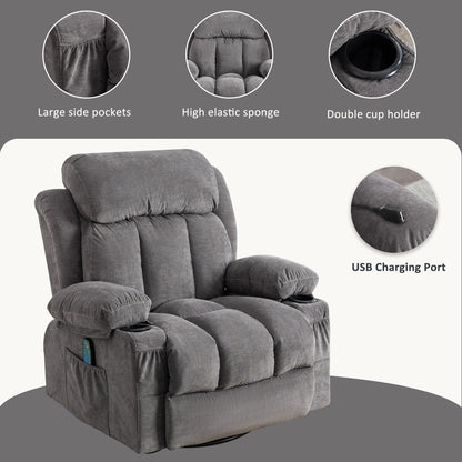 Fauteuil inclinable pivotant à 360° avec massage, chauffage, USB et porte-gobelets