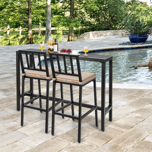 Ensemble table et chaises de bar de patio 3 pièces, table et chaises en métal avec coussins