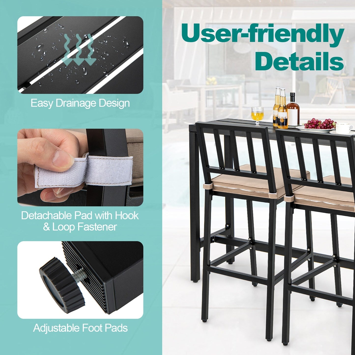 Ensemble table et chaises de bar de patio 3 pièces, table et chaises en métal avec coussins