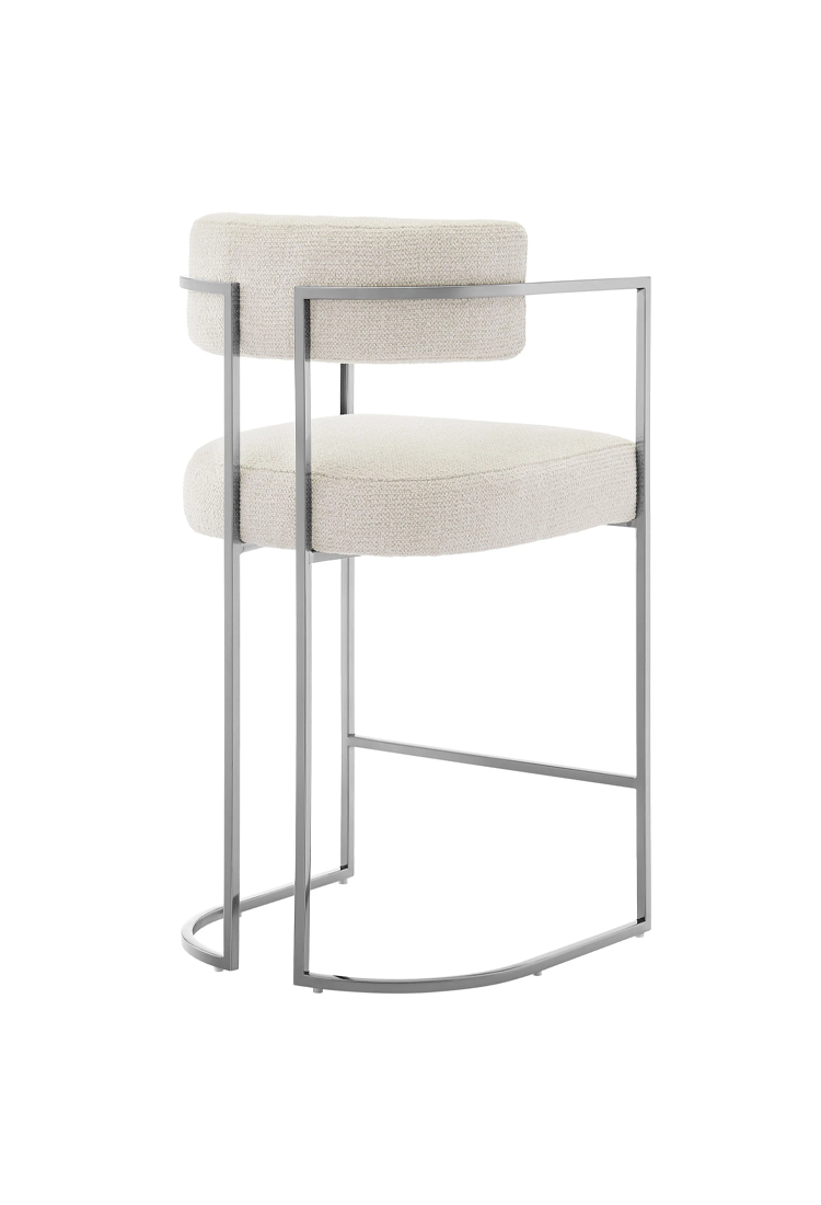 Tabouret de bar Ardenza en tissu et métal à dossier incurvé, couleur crème argentée