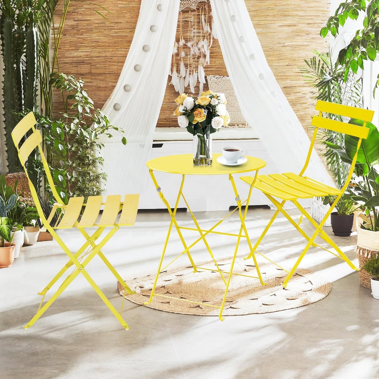 Ensemble de bistro pliable en métal 3 pièces, ensemble de conversation résistant aux intempéries pour l'intérieur et l'extérieur, pour patio, jardin, cour.