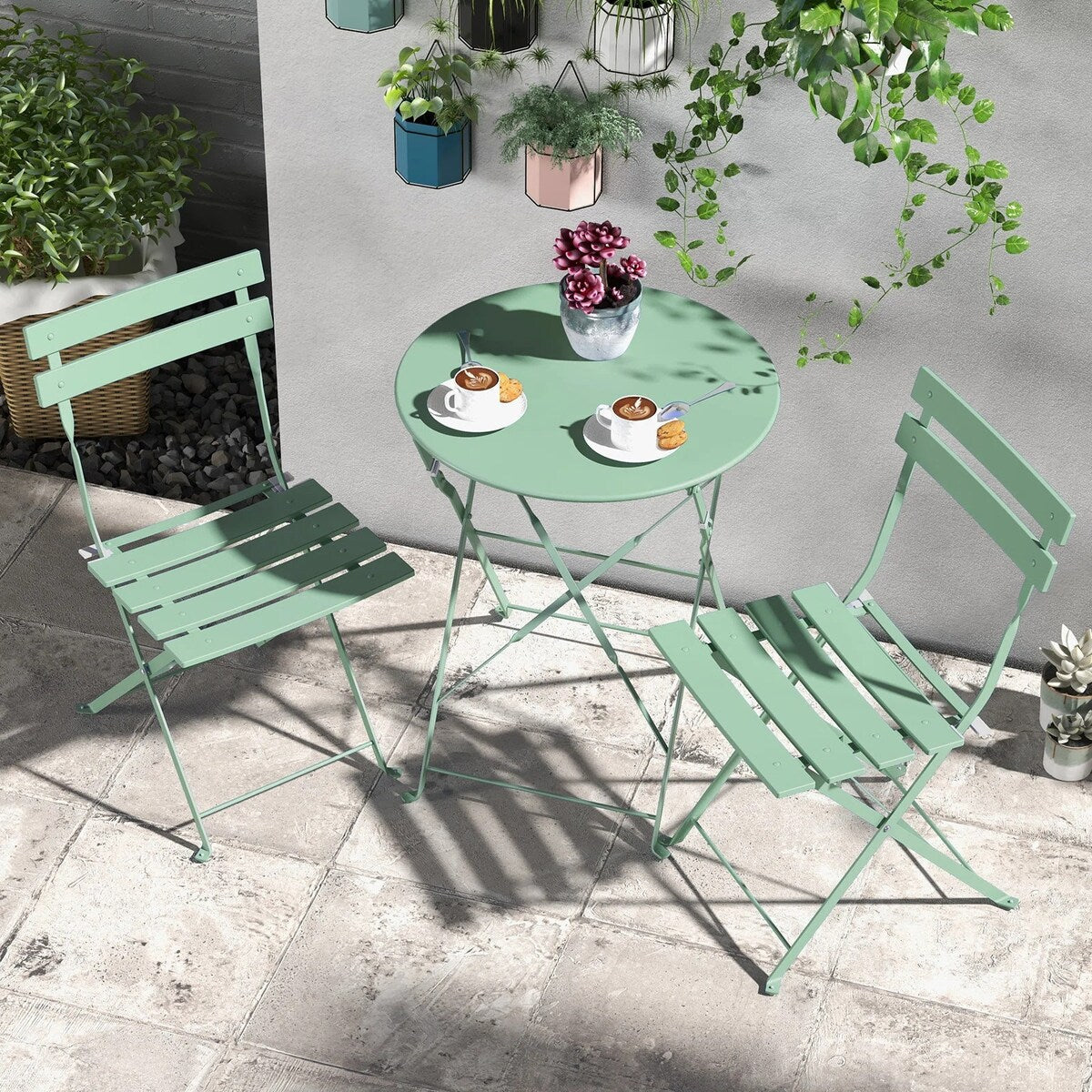 Ensemble de bistro pliable en métal 3 pièces, ensemble de conversation résistant aux intempéries pour l'intérieur et l'extérieur, pour patio, jardin, cour.