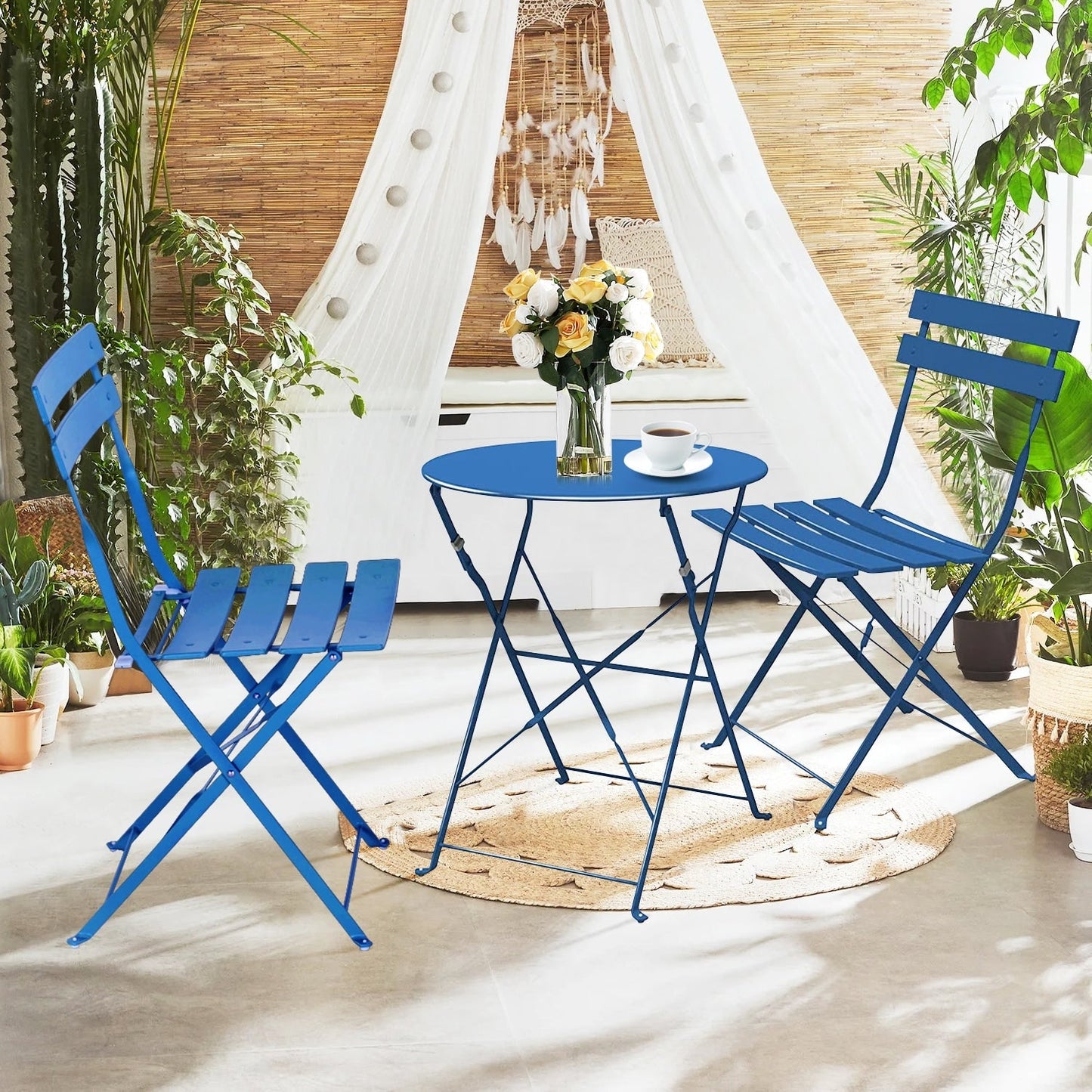 Ensemble de bistro pliable en métal 3 pièces, ensemble de conversation résistant aux intempéries pour l'intérieur et l'extérieur, pour patio, jardin, cour.