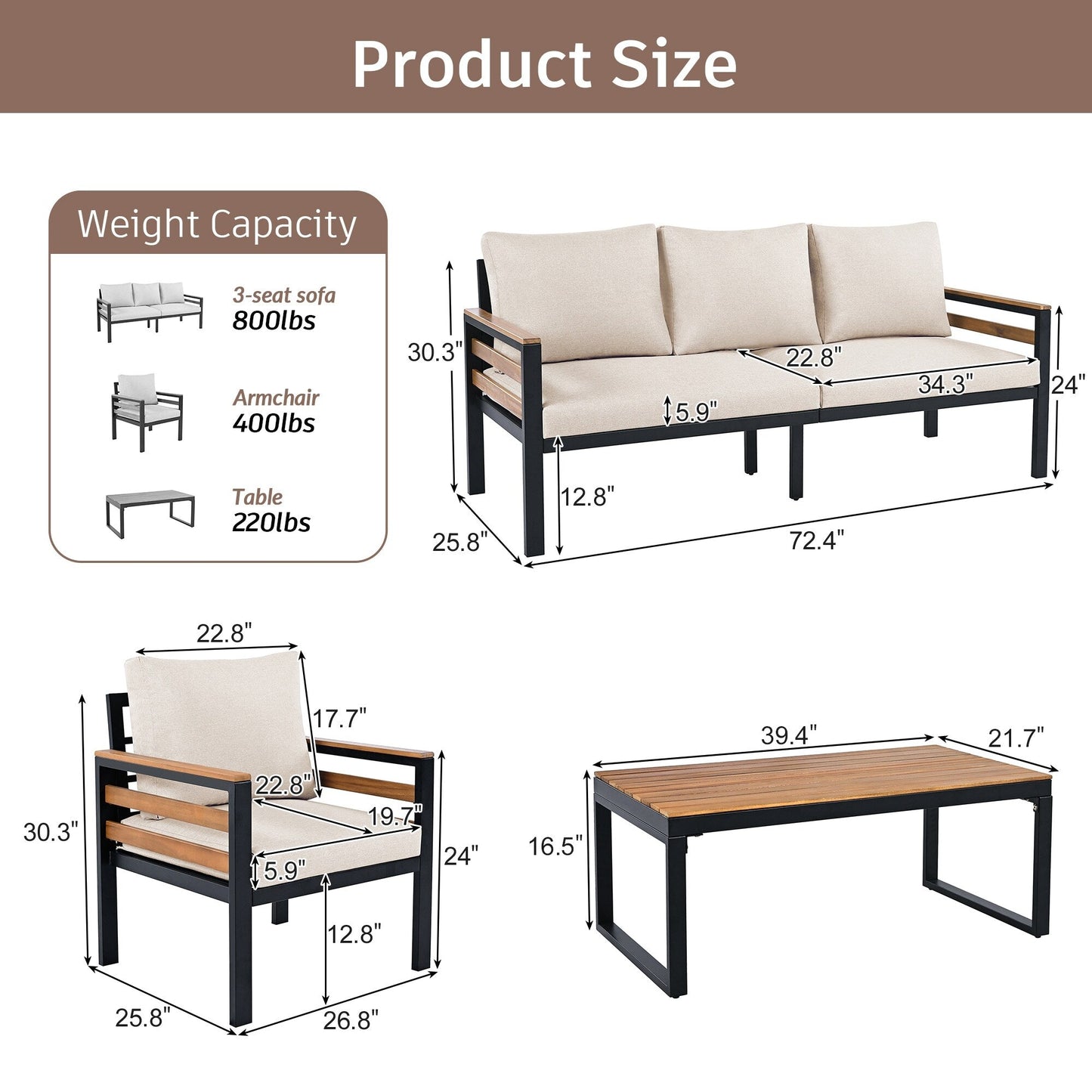Ensemble de canapé d'extérieur 4 pièces pour 5 personnes avec coussins amovibles et table basse en bois massif