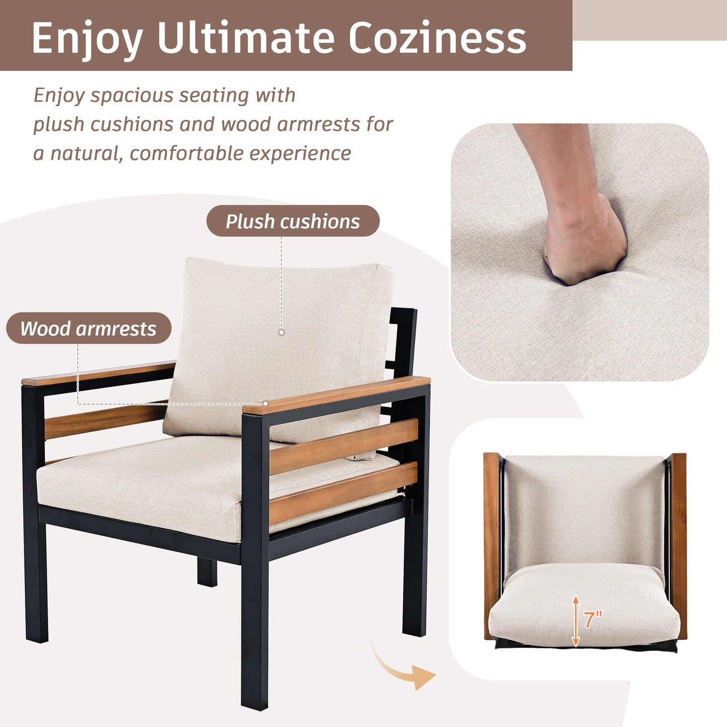 Ensemble de canapé d'extérieur 4 pièces pour 5 personnes avec coussins amovibles et table basse en bois massif