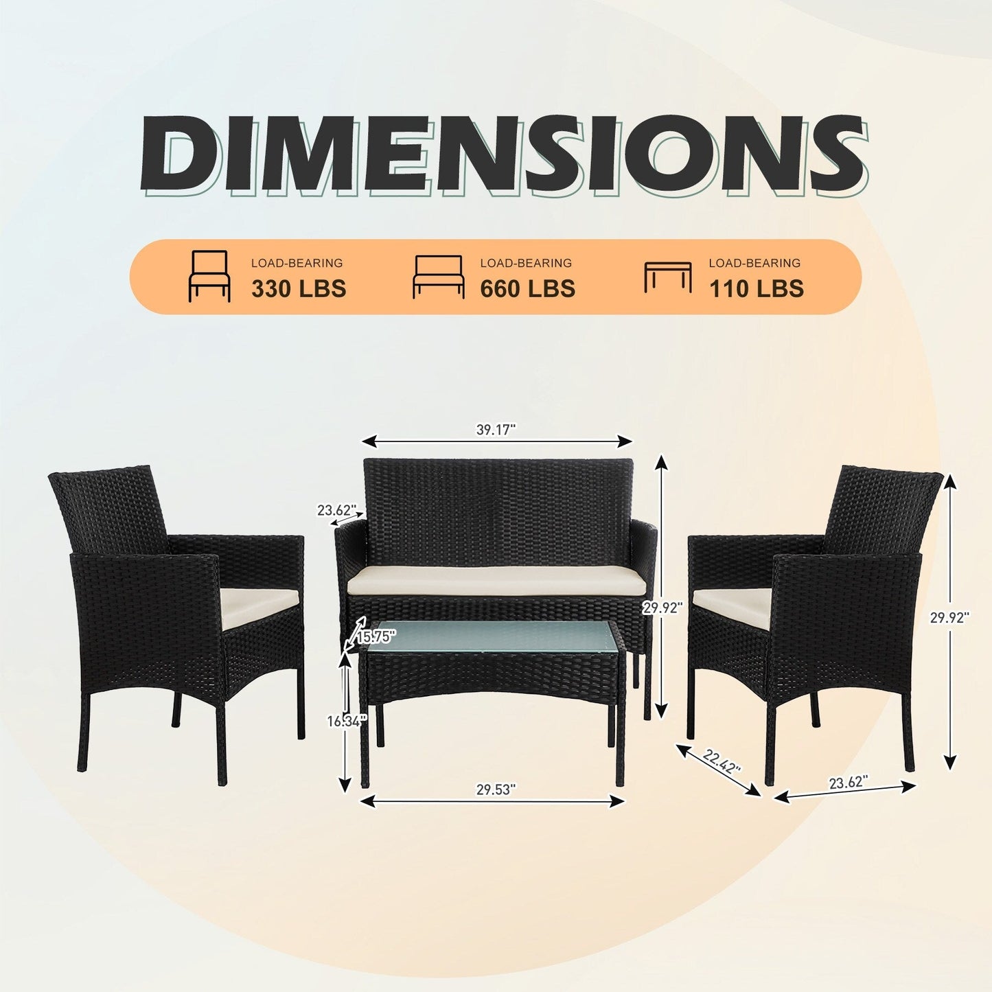 Ensemble de meubles en osier pour patio, 4 pièces, ensemble de meubles d'extérieur en rotin avec coussins