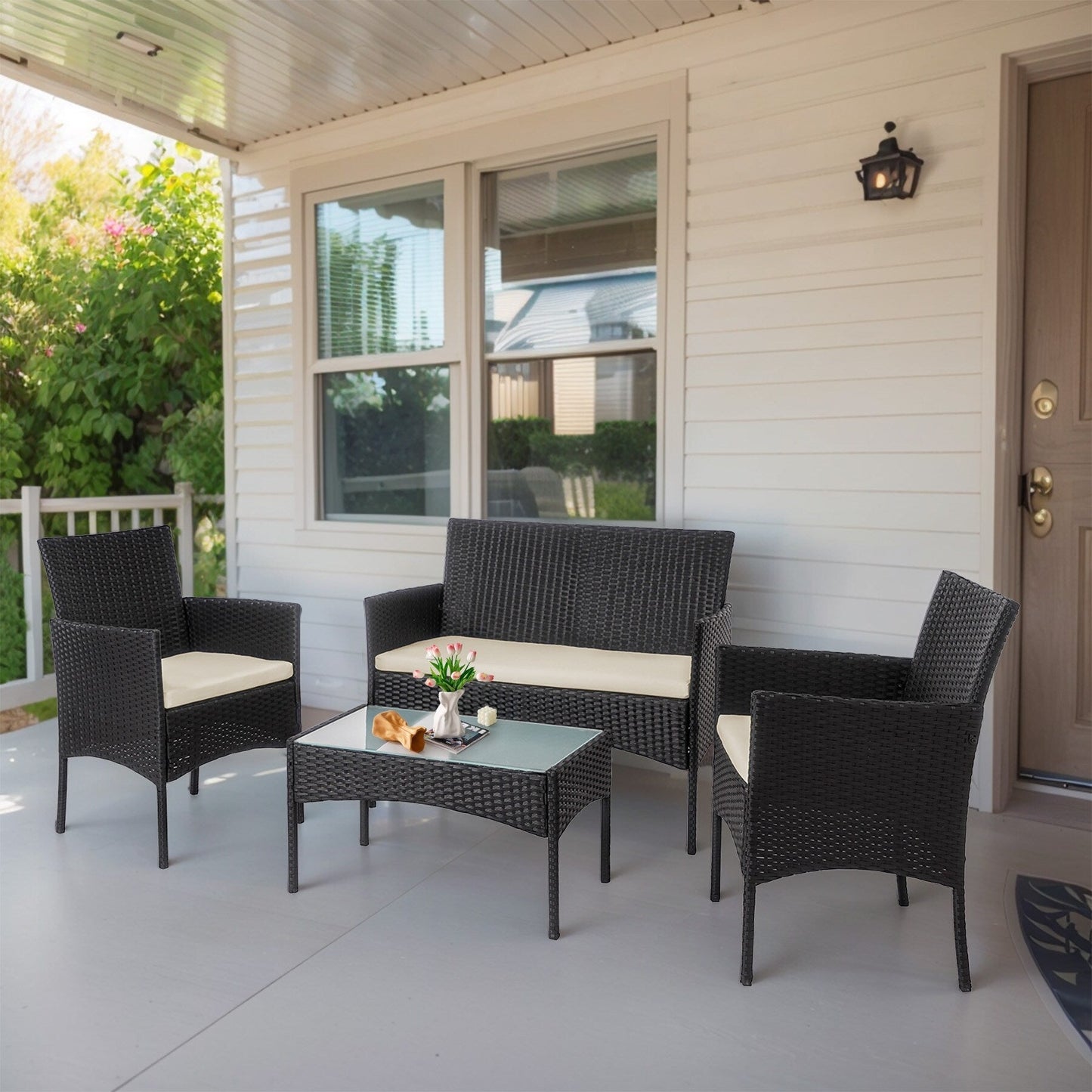 Ensemble de meubles en osier pour patio, 4 pièces, ensemble de meubles d'extérieur en rotin avec coussins