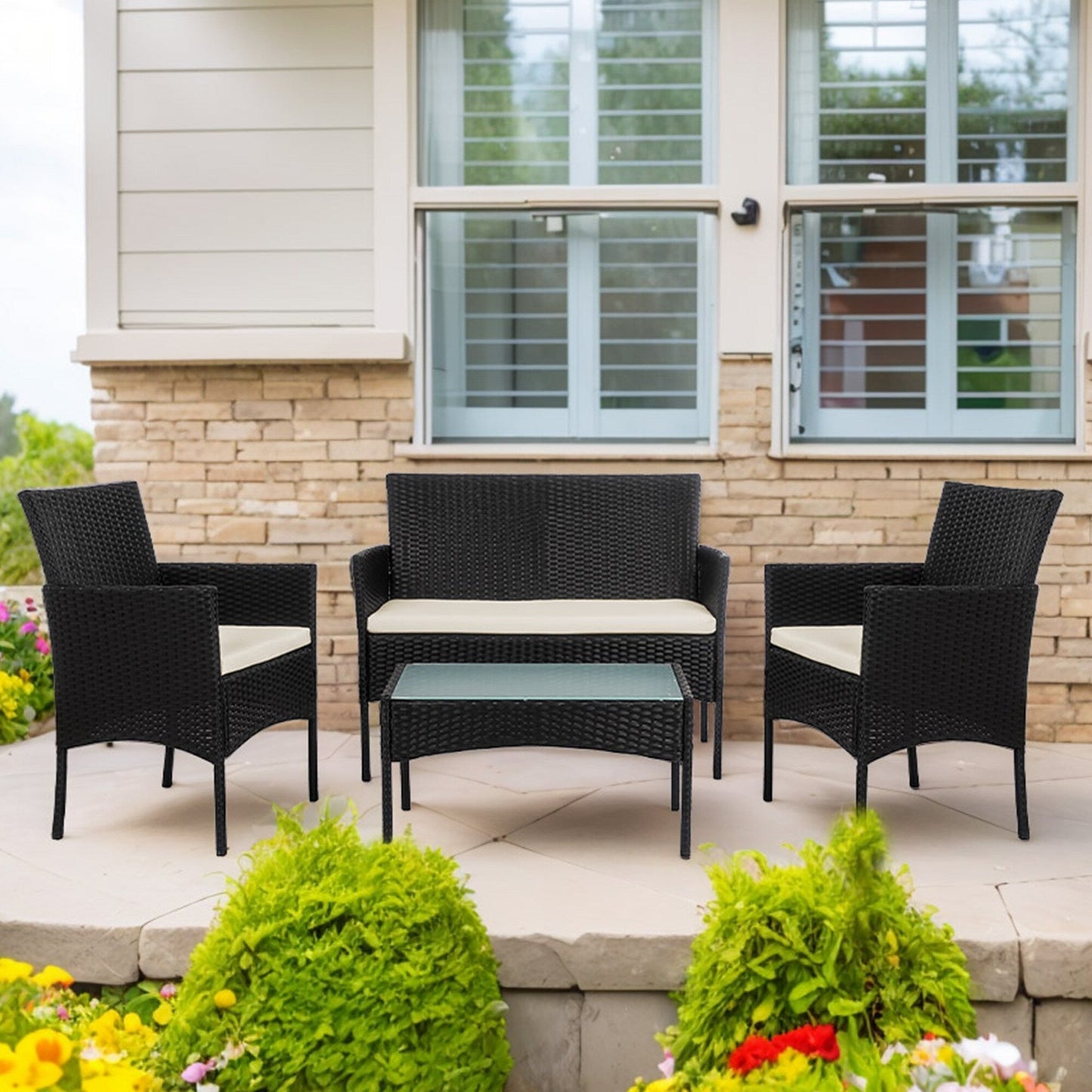 Ensemble de meubles en osier pour patio, 4 pièces, ensemble de meubles d'extérieur en rotin avec coussins