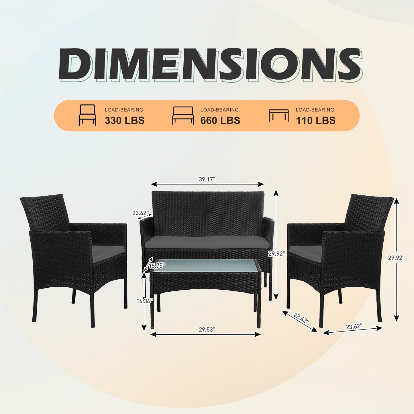 Ensemble de meubles en osier pour patio, 4 pièces, ensemble de meubles d'extérieur en rotin avec coussins