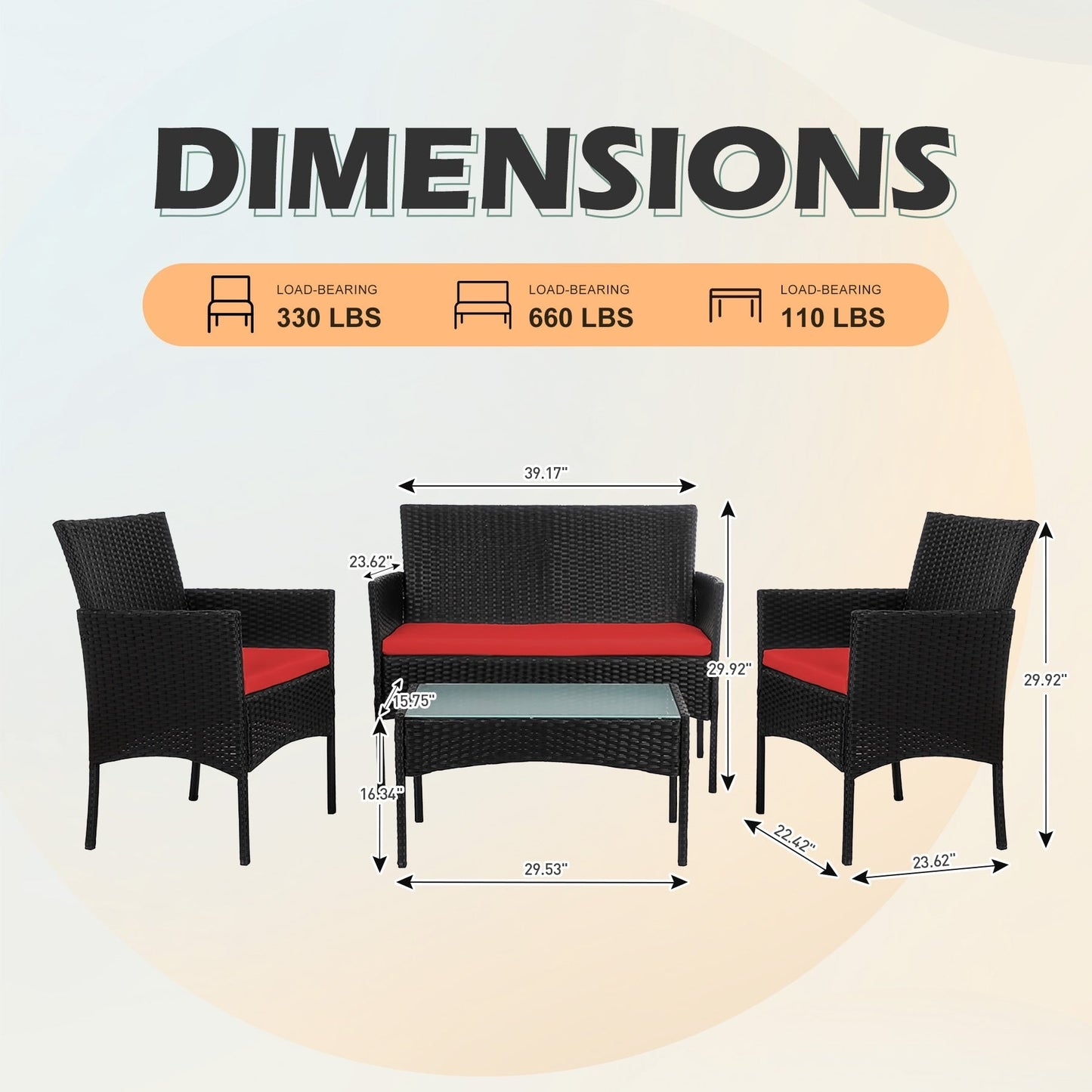 Ensemble de meubles en osier pour patio, 4 pièces, ensemble de meubles d'extérieur en rotin avec coussins