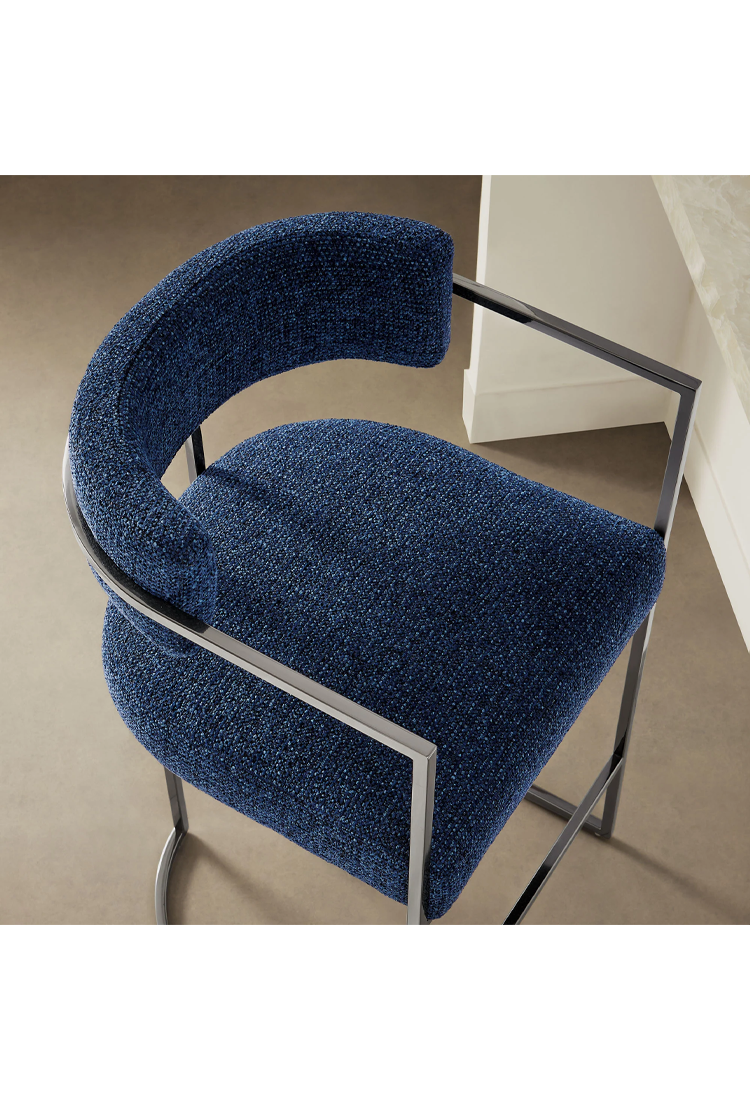 Tabouret de bar Ardenza à dossier incurvé en tissu et métal, bleu marine argenté