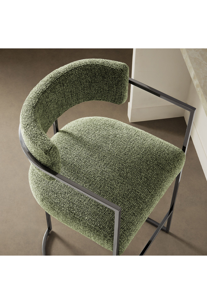 Tabouret de bar Ardenza en tissu et métal à dossier incurvé, feuille d'argent