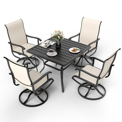 Ensemble de repas de jardin en métal 5 pièces avec table carrée et chaises pivotantes en Textilene