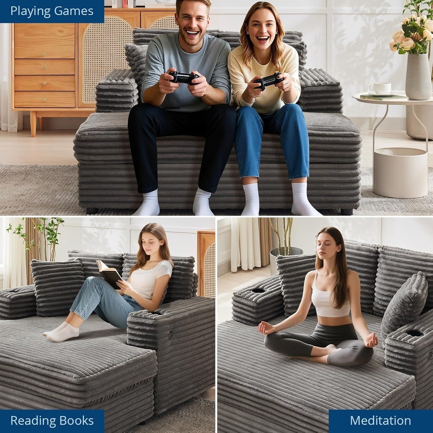 Canapé-lit rembourré de 137 cm avec coussins et accoudoirs, fauteuil de salon surdimensionné confortable en velours côtelé pour intérieur.