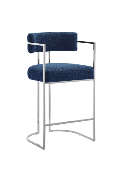 Tabouret de bar Ardenza à dossier incurvé en tissu et métal, bleu marine argenté